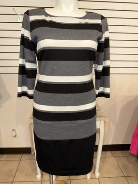 Ronnie Nicole RN Studio Black, Gray & White Striped Long Sleeve Sheath Dress
